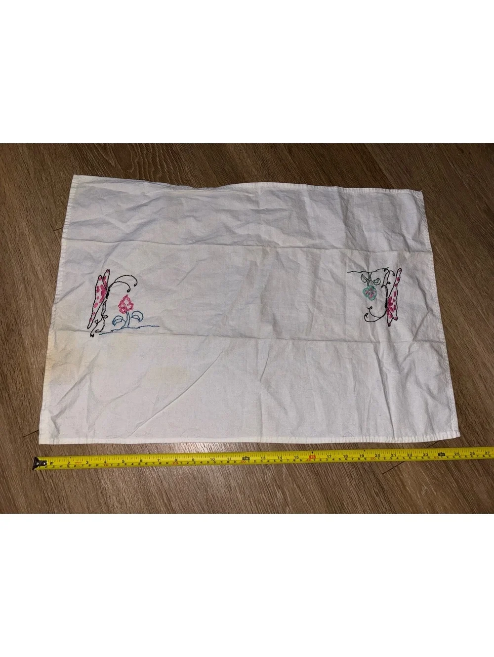 Vintage Hand Embroidered Butterfly Floral Tea Towel D83